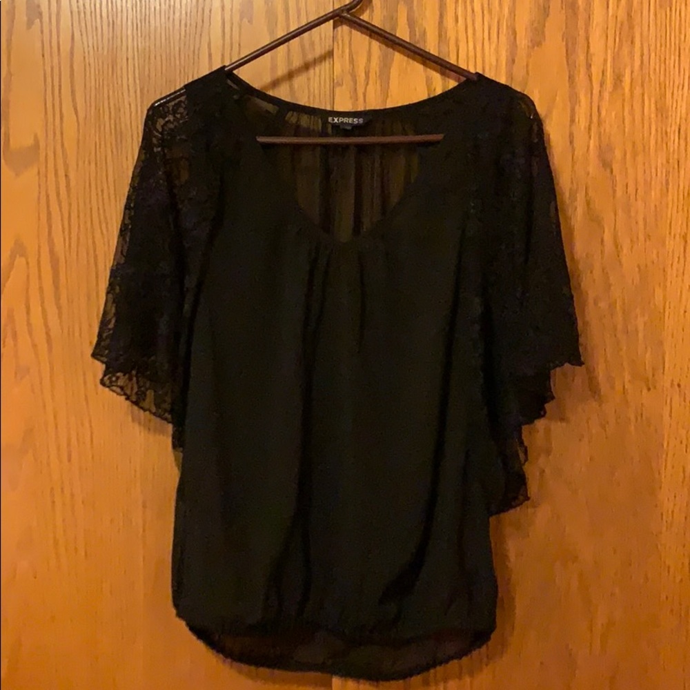 Express, medium sheer black top with lace sleeves